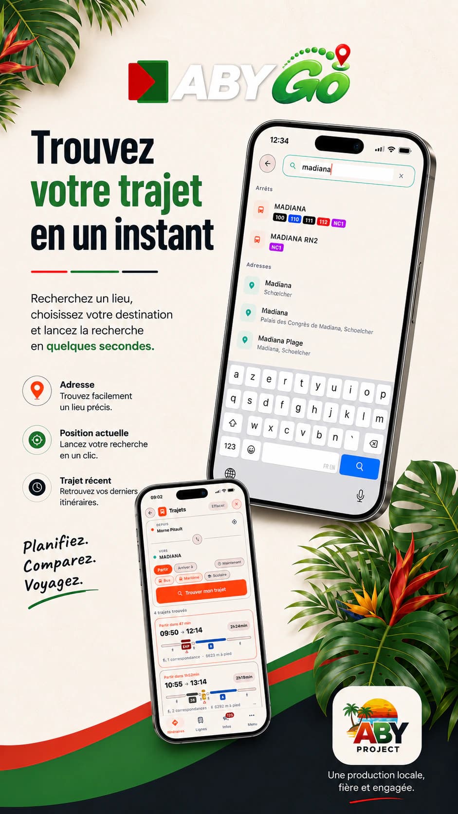 Aperçu de la recherche d'itinéraire dans l'application ABYGo